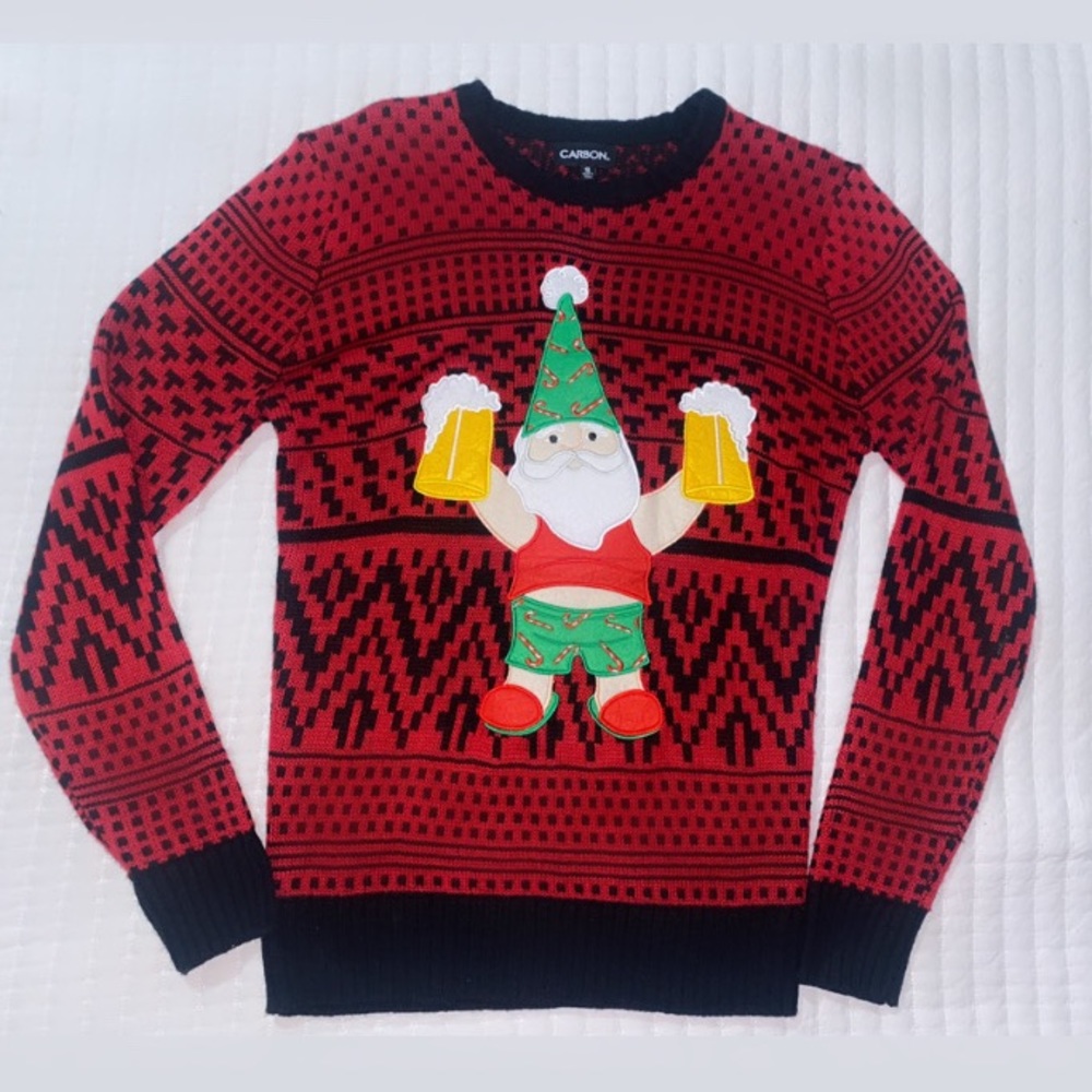 Men Small Carbon Ugly Sweater - Christmas Santa with Beer Drunk Santa